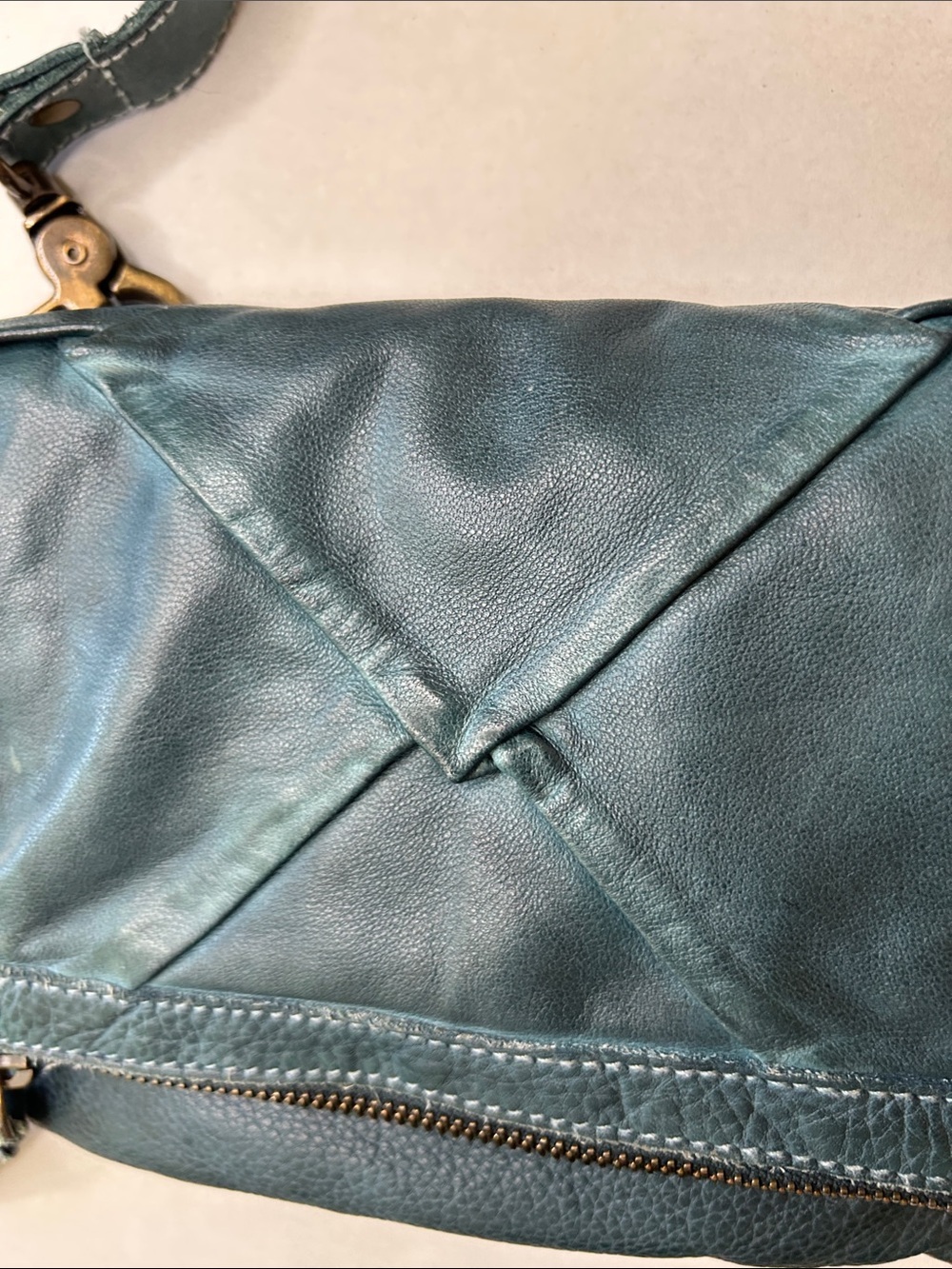 AMSTERDAM HERITAGE LEATHER CROSSBODY TEAL GREEN STRUCTURAL FOLD OVER PURSE - Picture 9 of 10